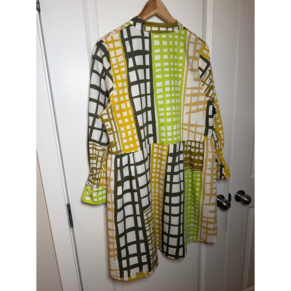 NOEN Boho Geometric Grid Print Tunic Dress with Smocked Cuffs Size 8 - Picture 3 of 8